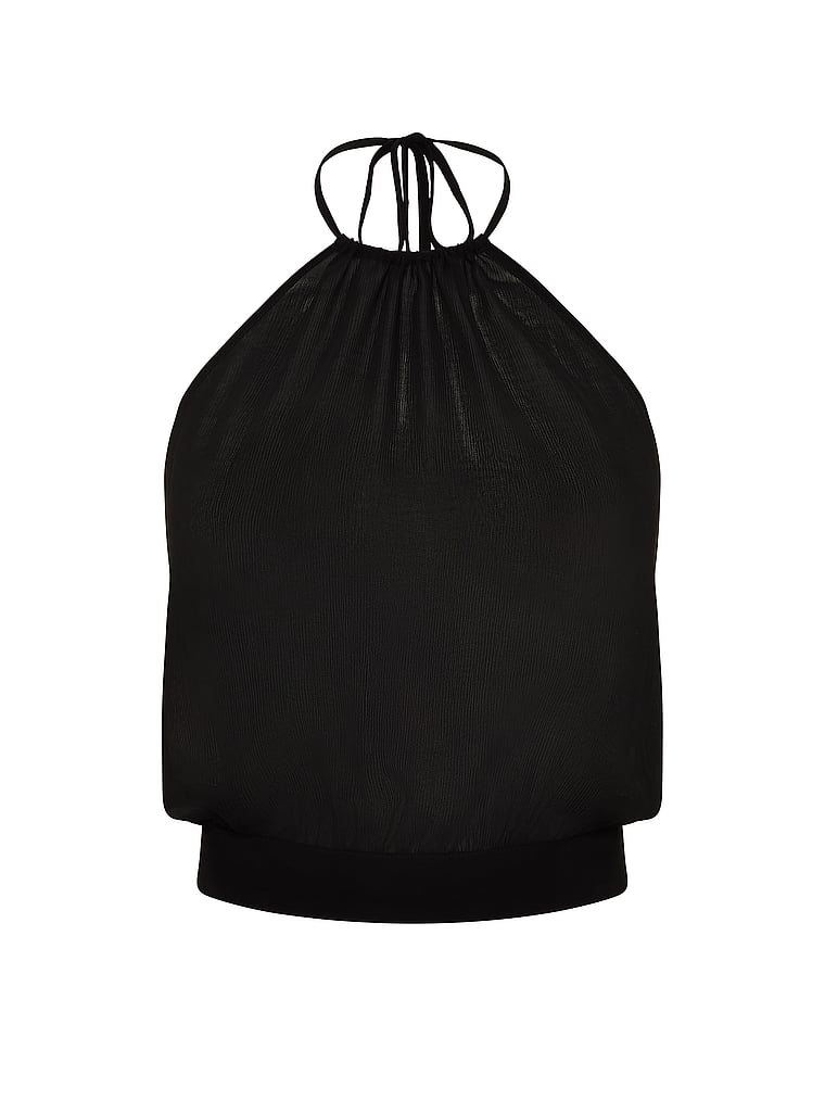 Victoria's Secret, Victoria's Secret Swim Beachwear Sheer Crinkle Halter Top, Black, offModelFront, 3 of 3