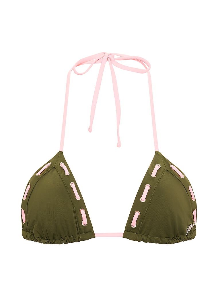 PINK SWIM Triangle String Bikini Top, Woodland Green, offModelFront, 3 of 4