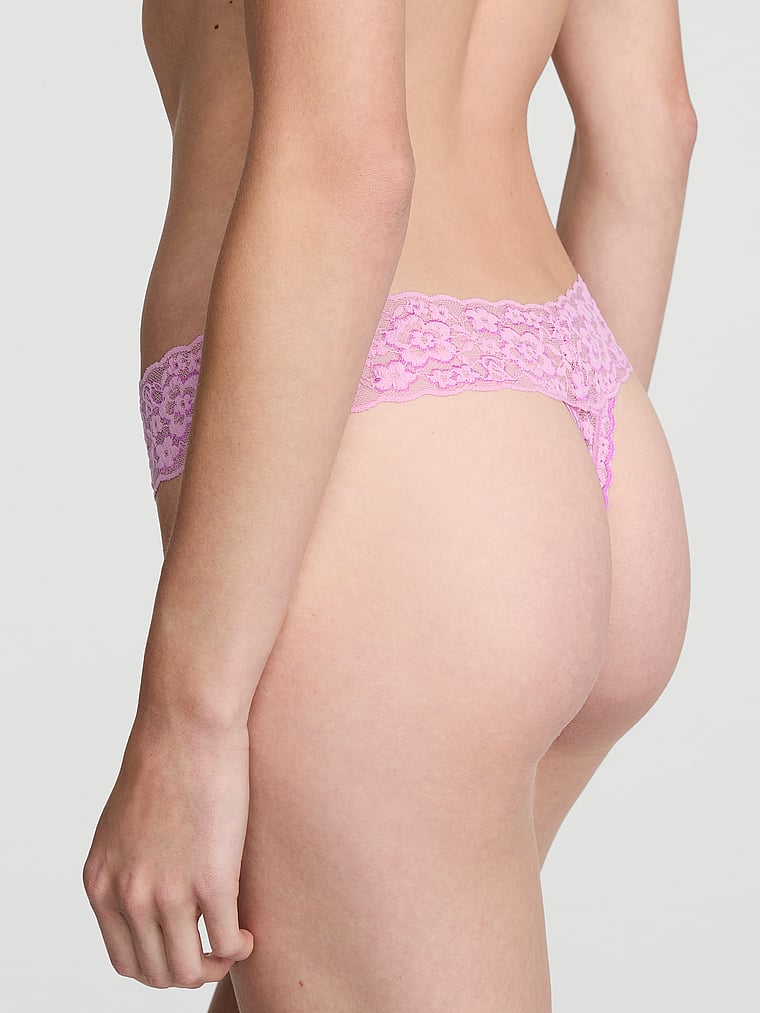 Victoria's Secret, The Lacie Lace Lace-Up Thong Panty, Bikini Pink, onModelBack, 2 of 3
