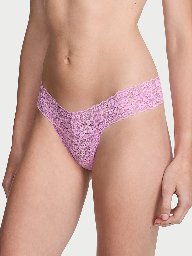 Victoria's Secret, The Lacie Lace Lace-Up Thong Panty, Bikini Pink, onModelFront, 1 of 3
