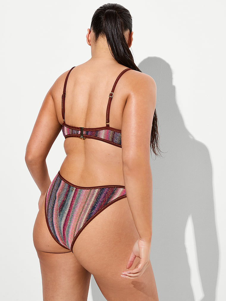 Victoria's Secret, Victoria's Secret Swim Shimmer Stripe Knit Balconette Bikini Top, Dark Chili Shimmer Stripes, onModelSide, 2 of 5 Karmi is 5'10" and wears 34DD (E) or Large