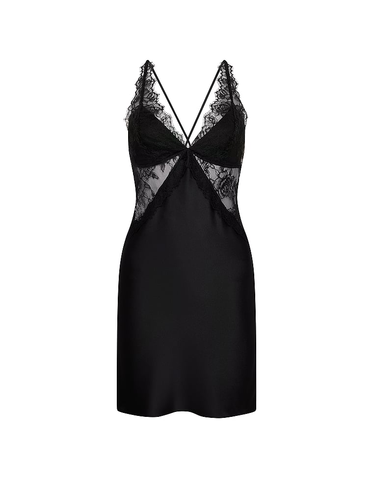 Victoria's Secret, Very Sexy Satin Rose Lace Mini Slip Dress, Black, offModelFront, 4 of 4