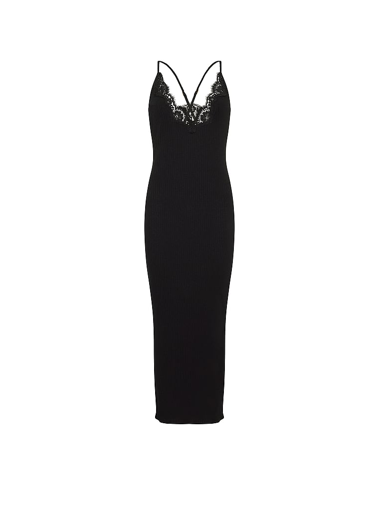 Victoria's Secret, Dream Angels Pointelle Rib Lace-Trim Maxi Slip Dress, Black, offModelFront, 3 of 4