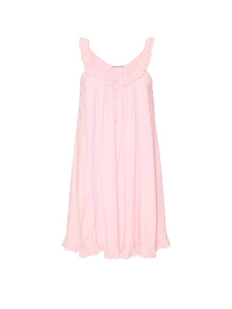Victoria's Secret, Victoria's Secret Cotton Dream Lace-Trim Short Slip Dress, Angel Pink, offModelFront, 3 of 3