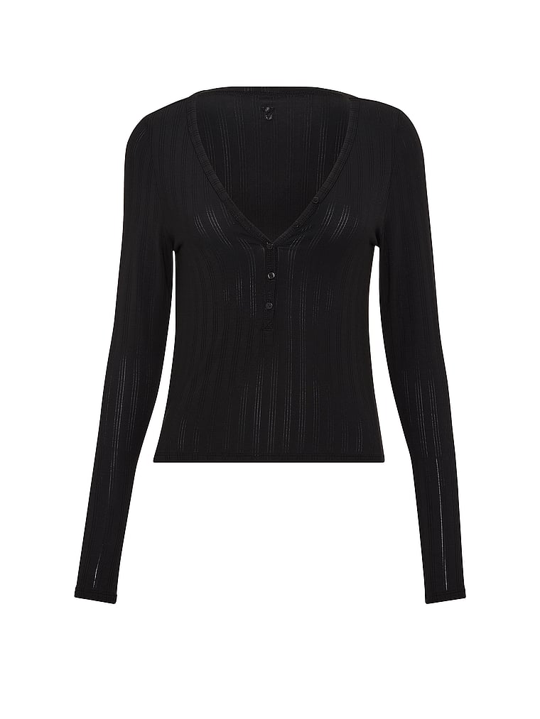 Victoria's Secret, Victoria's Secret SoSoft™ Modal Ultra-Fine Long-Sleeve Henley Top, Black, offModelFront, 3 of 3