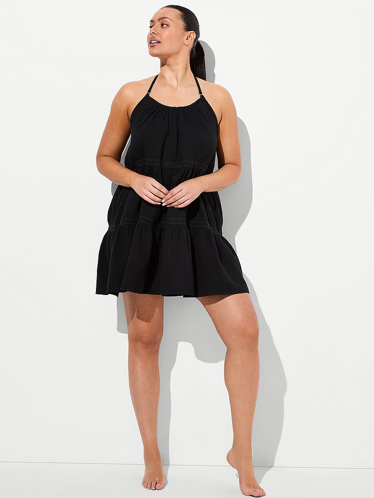 Victoria's Secret, Victoria's Secret Swim Beachwear Cotton Gauze Tiered Mini Dress, Pure Black, onModelFront, 1 of 2 Karmi is 5'10" and wears 34DD (E) or Large
