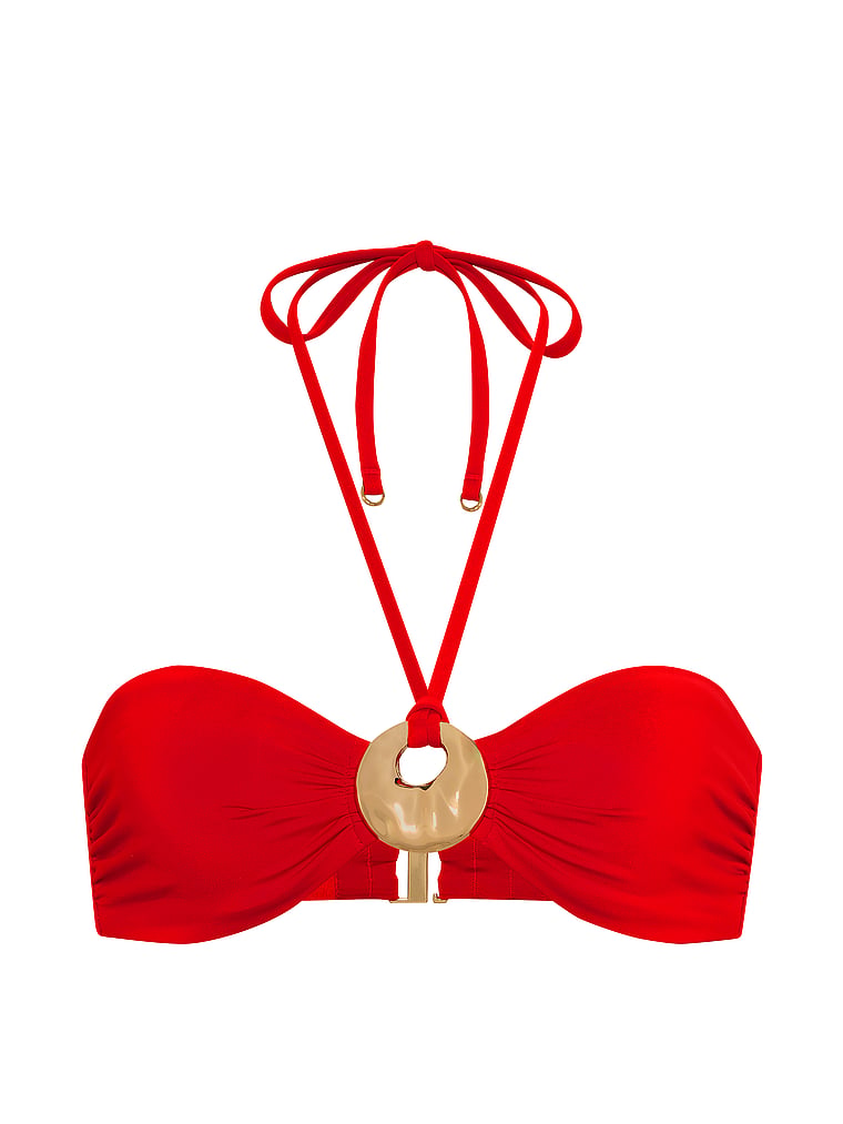 Victoria's Secret, Victoria's Secret Swim Hammered Hardware Halter Bandeau Bikini Top, Red Pepper, offModelFront, 3 of 3