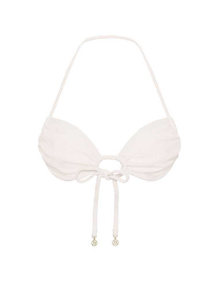 Victoria's Secret, Victoria's Secret Swim Eyelet Tie-Front Bandeau Bikini Top, White/Ivory, offModelFront, 3 of 4