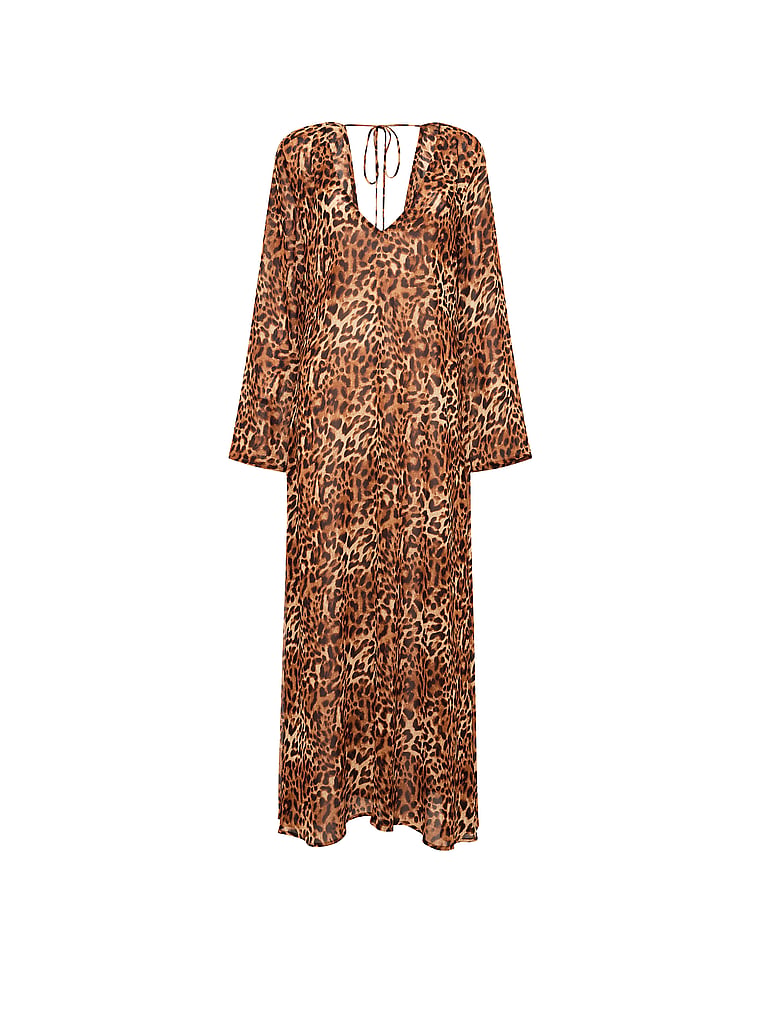 Victoria's Secret, Victoria's Secret Swim Beachwear Sheer Crinkle Plunge Caftan, Leopard, offModelFront, 3 of 3