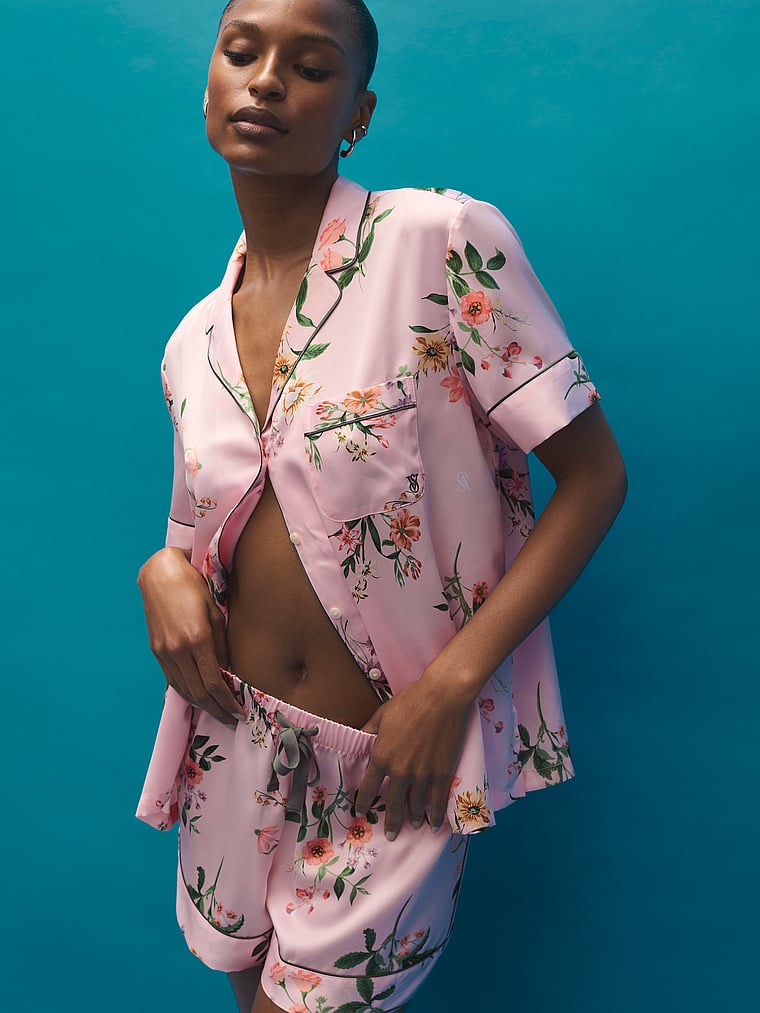 Victoria's Secret, Victoria's Secret Signature Satin Short Pajama Set, Angel Pink Botanical, onModelBack, 5 of 5 Tsheca is 5'9" and wears S/Long