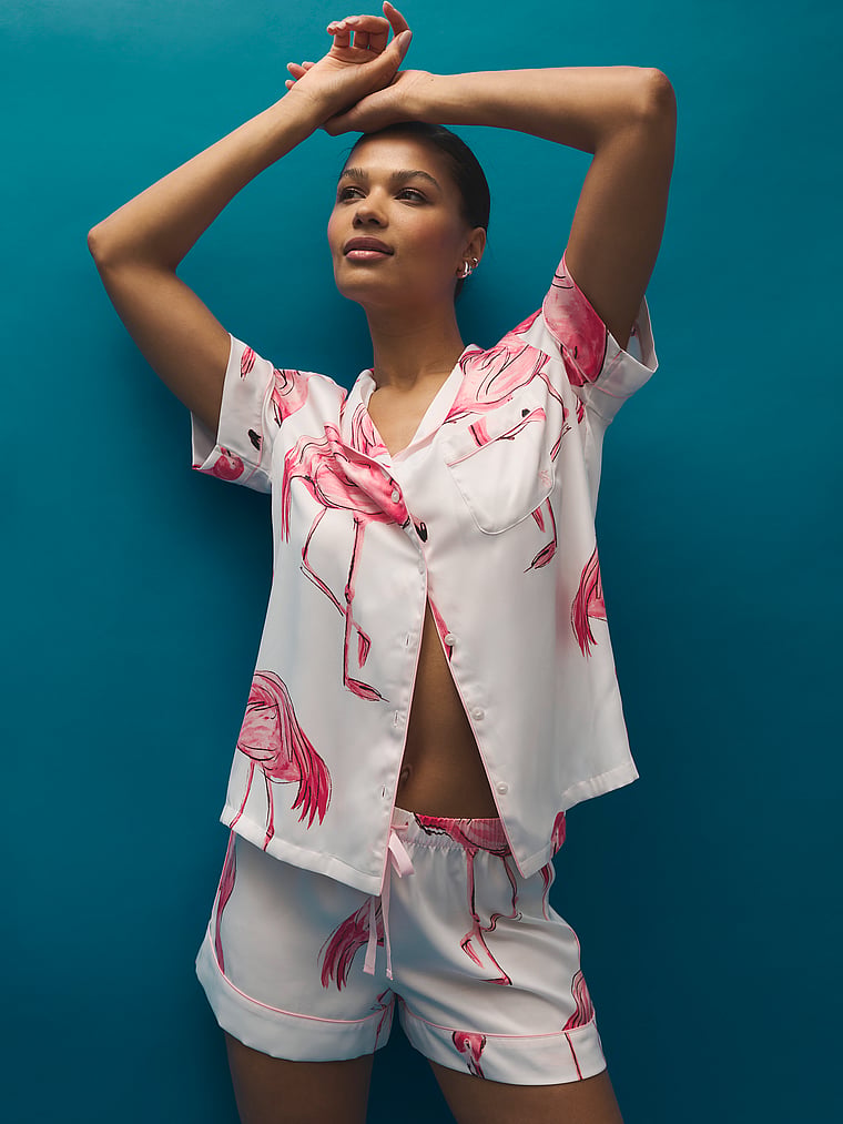 Victoria's Secret, Victoria's Secret Signature Satin Short Pajama Set, Coconut White Flamingos, detail, 4 of 5