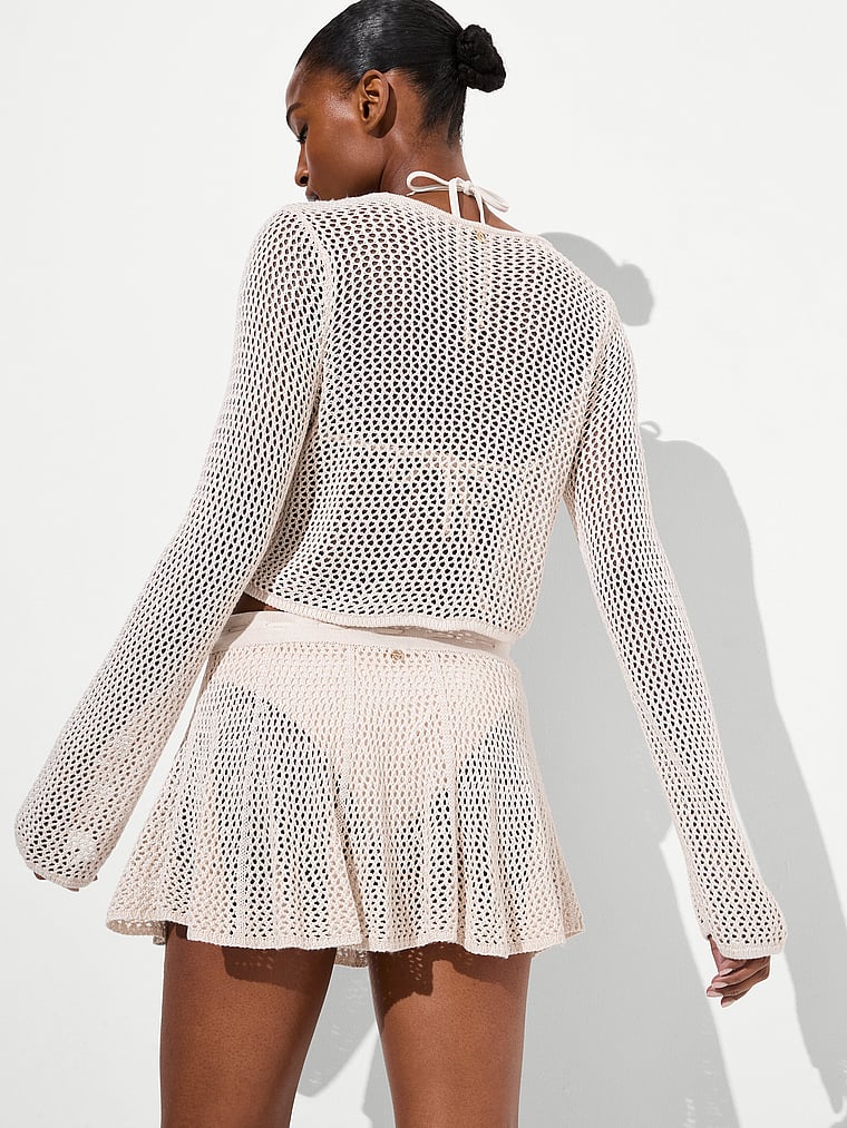 Victoria's Secret, Victoria's Secret Swim Beachwear Crochet Tie-Front Long-Sleeve Top, White/Ivory, onModelBack, 2 of 3 Tsheca  is 5'9" or 175cm and wears Small