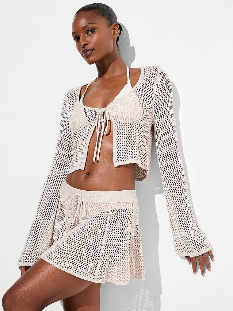 Victoria's Secret, Victoria's Secret Swim Beachwear Crochet Tie-Front Long-Sleeve Top, White/Ivory, onModelFront, 1 of 3 Tsheca  is 5'9" or 175cm and wears Small