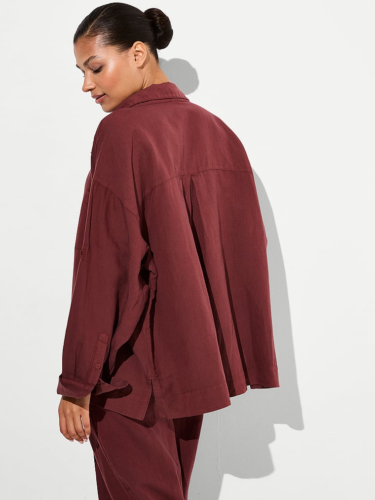 Victoria's Secret, Victoria's Secret Swim Beachwear Linen Boxy Long-Sleeve Shirt, Dark Chili, onModelBack, 2 of 3