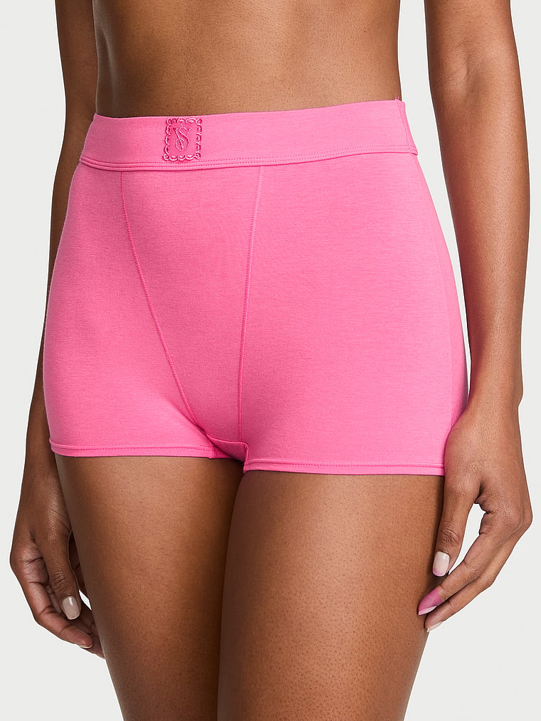 Victoria's Secret, Cotton Logo Cotton High-Waist Boyshort Panty, Pink Radiance, onModelFront, 1 of 3 Tsheca  is 5'9" and wears Small