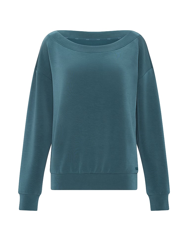 Victoria's Secret, VSX Featherweight Knit Off-the-Shoulder Top, Teal Haze, offModelFront, 3 of 3