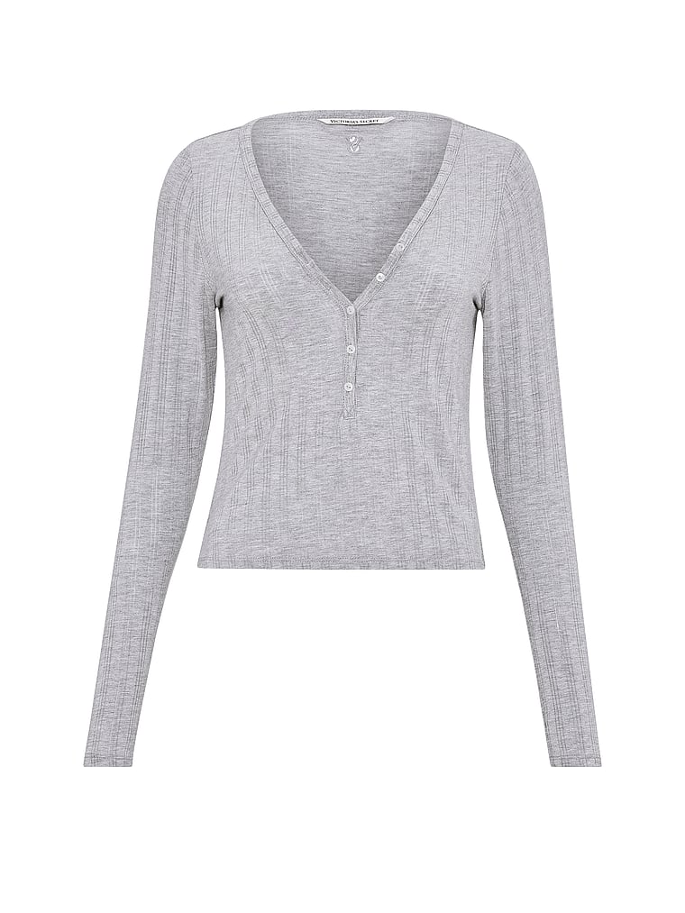 Victoria's Secret, Victoria's Secret SoSoft™ Modal Ultra-Fine Long-Sleeve Henley Top, Medium Heather Grey, offModelFront, 3 of 4