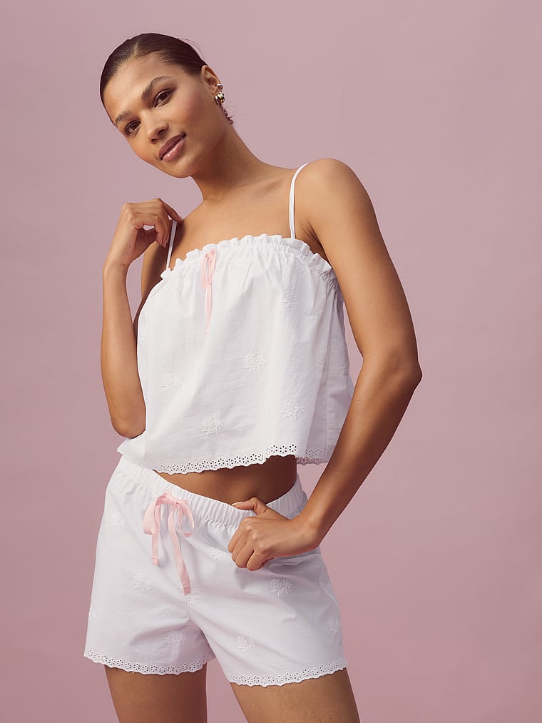 Victoria's Secret, Victoria's Secret Heritage Cotton Eyelet Short Pajama Set, VS White Floral, onModelBack, 3 of 5