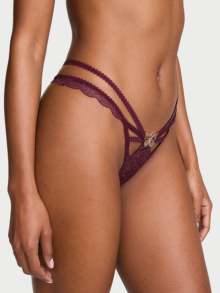 Victoria's Secret, Very Sexy Rose Lace Butterfly Hardware Thong Panty, Rich Maroon, onModelFront, 1 of 4 Tsheca  is 5'9" and wears Small