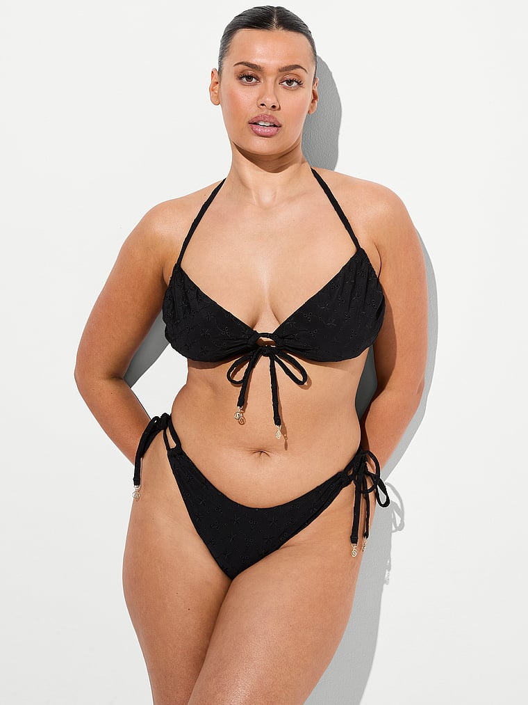 Victoria's Secret, Victoria's Secret Swim Eyelet Side-Tie Brazilian Bikini Bottom, Black, onModelBack, 2 of 3 Karmi is 5'10" and wears Large