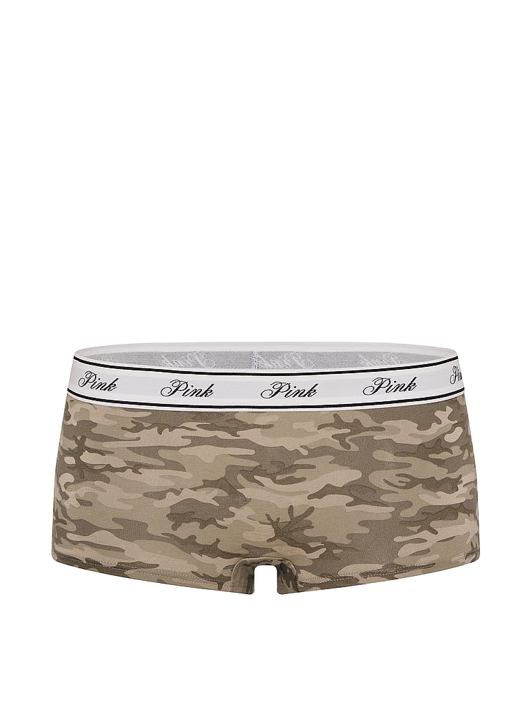 PINK Logo Cotton Boyshort Panty, Faded Green Camo Print, offModelFront, 3 of 3
