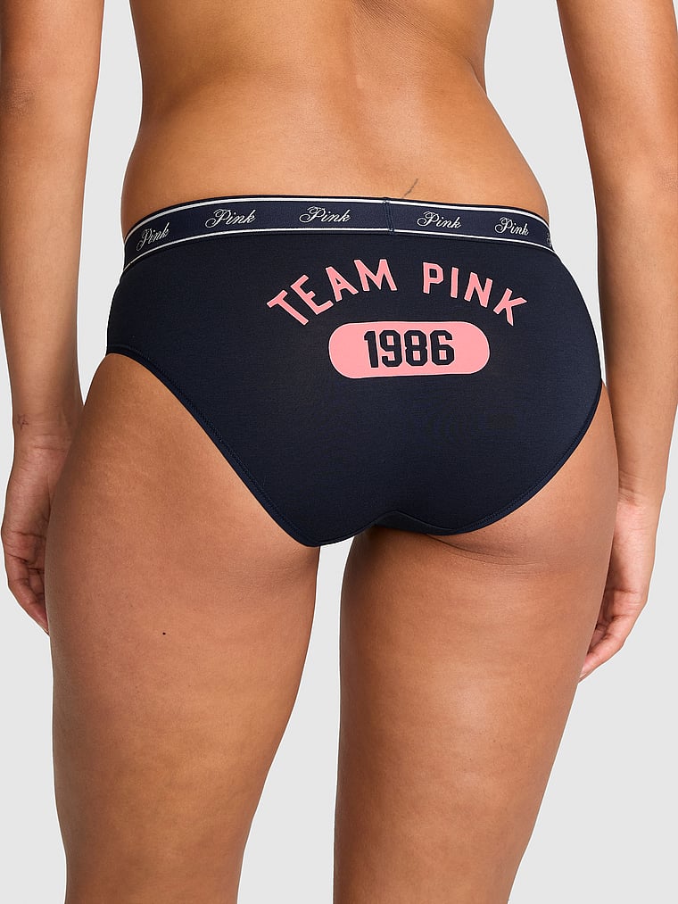 PINK Logo Cotton Hiphugger Panty, Noir Navy With Team Pink Butt Graphic, onModelFront, 1 of 3 Vanessa is 5'10" or 178cm and wears Small