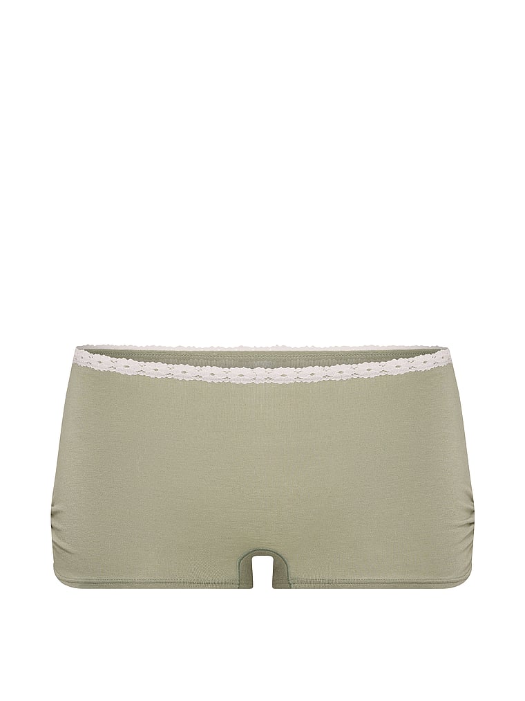 PINK Cotton Dorm Boyshort Panty, Slate Green With White Lace, offModelFront, 3 of 4