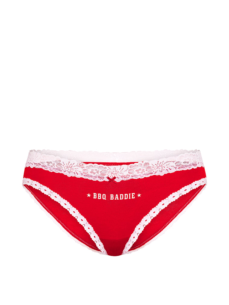 PINK Cotton Cheeky Panty, Bright Vermillion With White Lace And Bbq Baddie Graphic, offModelFront, 3 of 3
