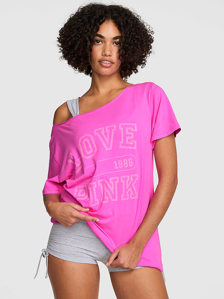 PINK Campus Cotton™ Off-The-Shoulder Tee, Pink Berry, onModelFront, 1 of 3 Vanessa is 5'10" or 178cm and wears Small