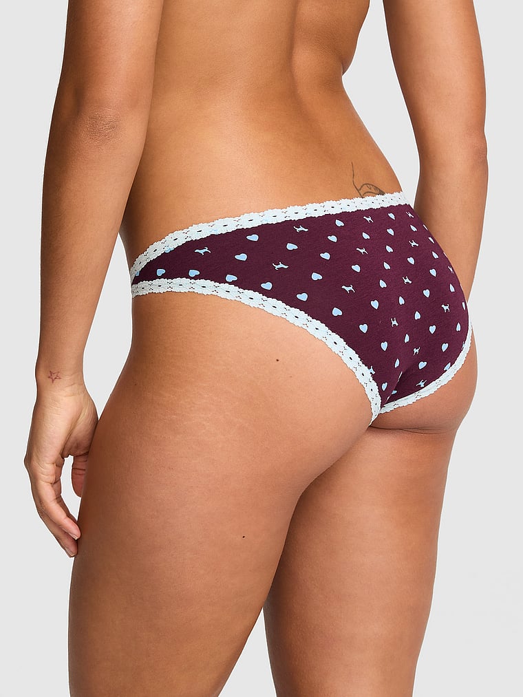 PINK Cotton Cheeky Panty, Wild Rose Heart Dog with Blue Dancer Lace, onModelBack, 2 of 4 Vanessa is 5'10" or 178cm and wears Small