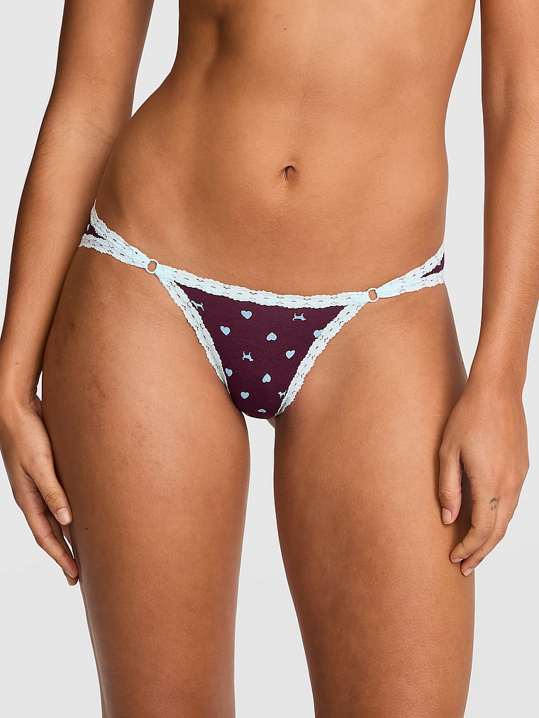 PINK Cotton Cheeky Panty, Wild Rose Heart Dog with Blue Dancer Lace, onModelFront, 1 of 4 Vanessa is 5'10" or 178cm and wears Small