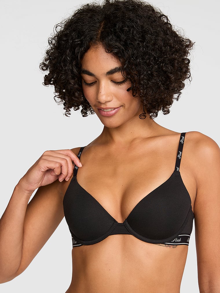 PINK Wear Everywhere Wear Everywhere™ Lightly Lined Full Coverage T-Shirt Bra, Black, onModelFront, 1 of 5 Vanessa is 5'10" or 178cm and wears 32B or Small