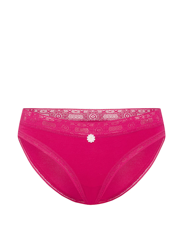 Victoria's Secret, Lace Trim Cotton Pointelle Lace-Trim Bikini Panty, Vibrant Fuchsia, offModelFront, 3 of 3