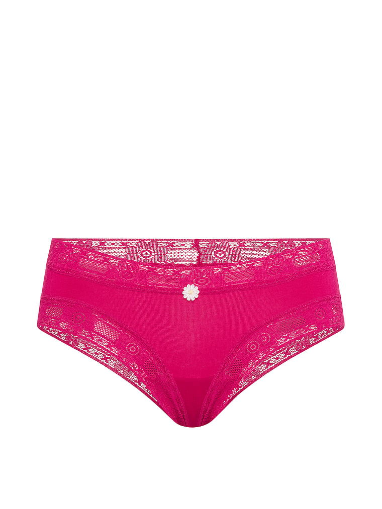 Victoria's Secret, Lace Trim Cotton Pointelle Lace-Waist Cheeky, Vibrant Fuchsia, offModelFront, 3 of 3