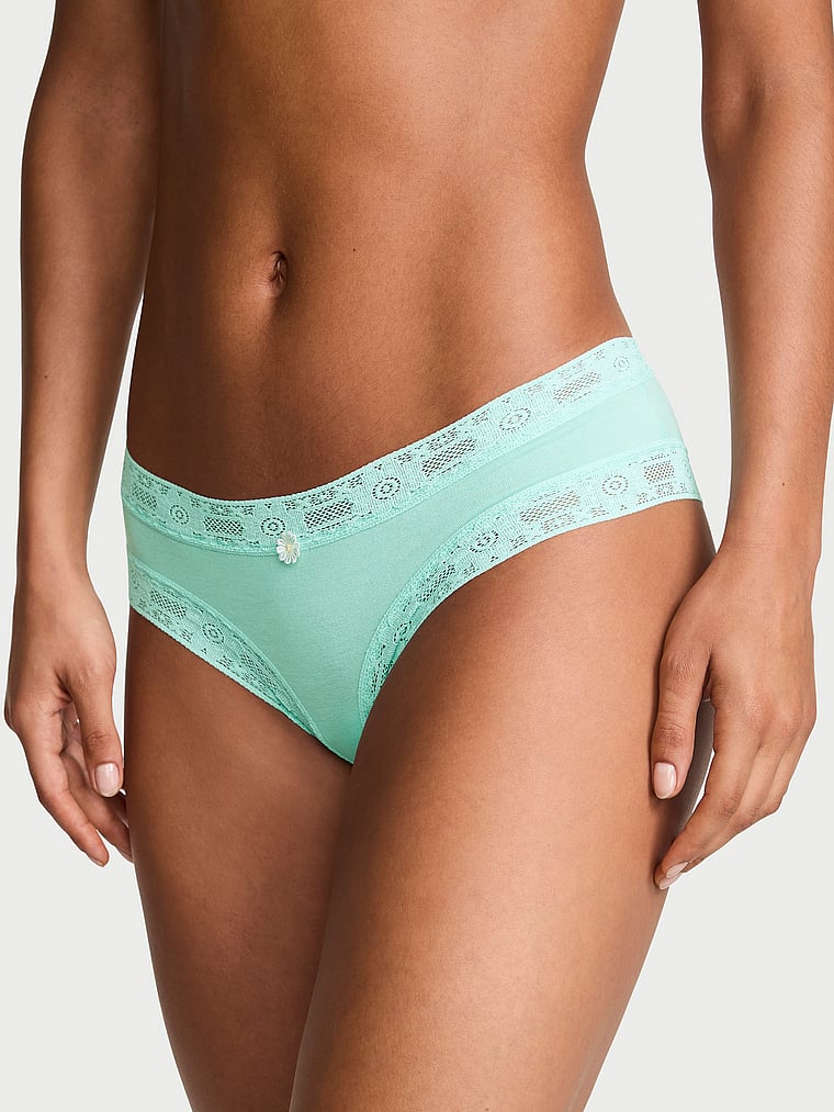 Victoria's Secret, Lace Trim Cotton Lace-Trim Cheeky Panty, Waterfall, onModelFront, 1 of 3 Nikita  is 5'10" or 178cm and wears Small