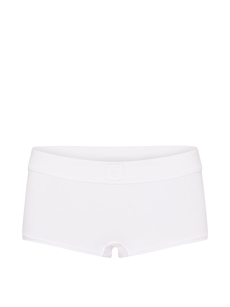 Victoria's Secret, Cotton Logo Cotton Boyshort Panty, White, offModelFront, 3 of 3