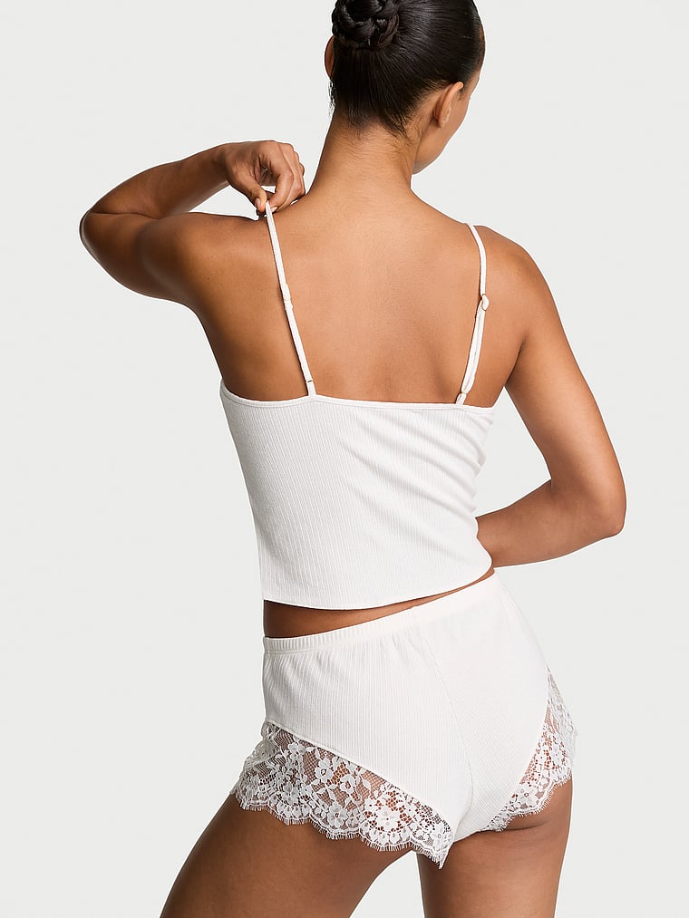 Victoria's Secret, Dream Angels Pointelle Rib Lace-Trim Cami & Short Set, Coconut White, onModelBack, 2 of 3 Nikita  is 5'10" and wears Small