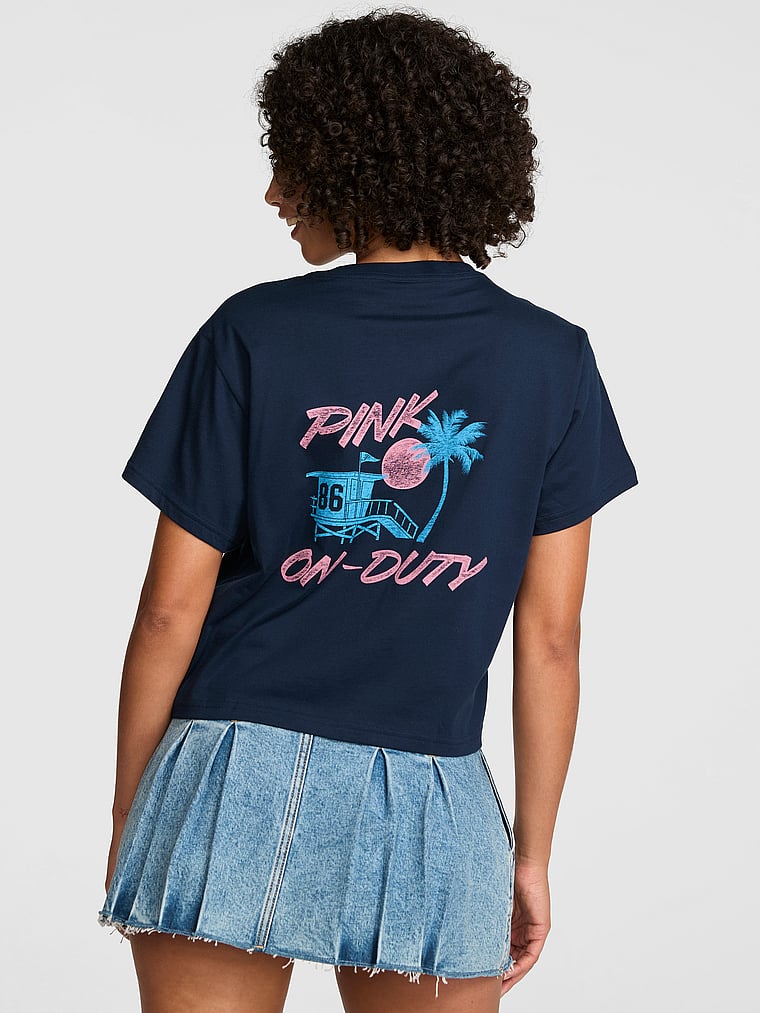 PINK Campus Cotton™ Boxy-Cut Tee, Noir Navy, onModelFront, 1 of 3 Vanessa is 5'10" or 178cm and wears Small