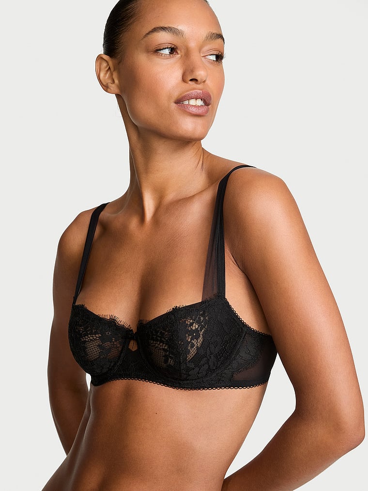 Victoria's Secret, Dream Angels Wicked Unlined Lace Balconette Bra, Black, onModelFront, 1 of 3 Nikita  is 5'10" or 178cm and wears 34B or Small