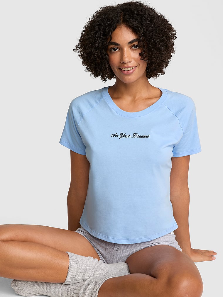 PINK Cotton Raglan Sleep Tee, Blue, onModelFront, 1 of 4