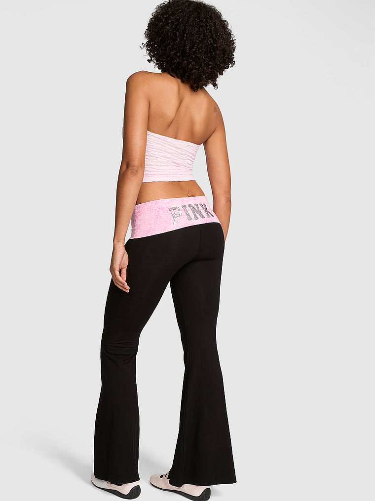 PINK All-Day Cotton™ Foldover Super Flare Leggings, Black and Pink Leopard Bling, onModelFront, 1 of 3 Vanessa is 5'10" or 178cm and wears Small