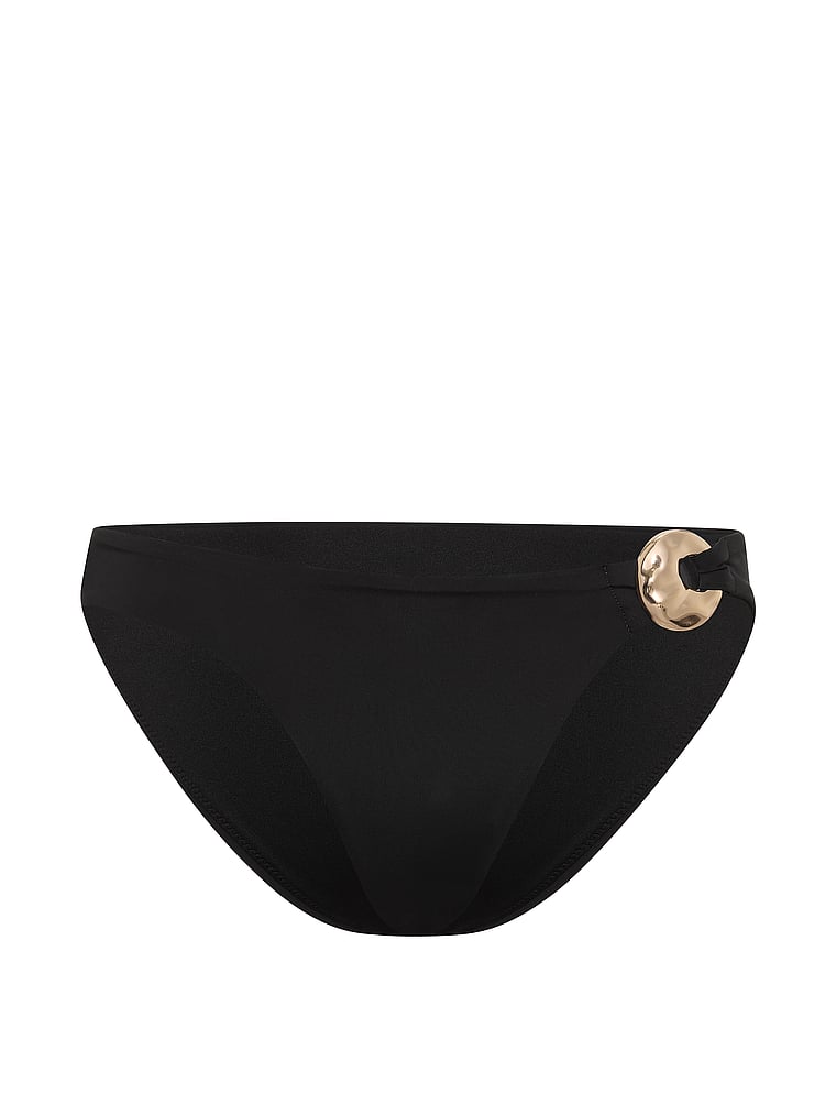 Victoria's Secret, Victoria's Secret Swim Hammered Hardware Bikini Bottom, Pure Black, offModelFront, 3 of 4