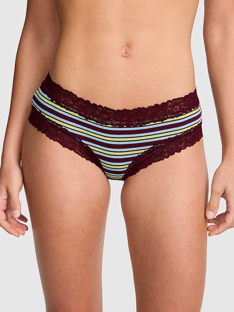 PINK PINK Wink™ Lace-Trim Cotton Cheeky Panty, Wild Rose Stripe, onModelFront, 1 of 3 Ruby is 5'6" or 168cm and wears Small