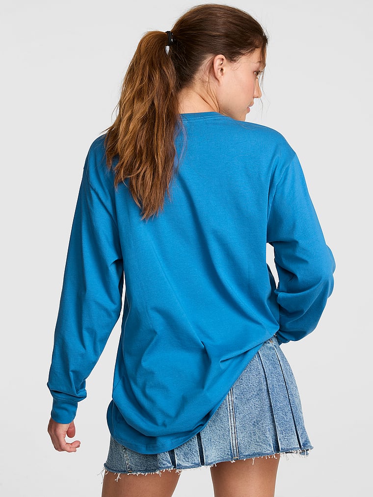 PINK Campus Cotton™ Long-Sleeve Tee, Varsity Blue, onModelBack, 2 of 3 Ruby is 5'6" or 168cm and wears Small