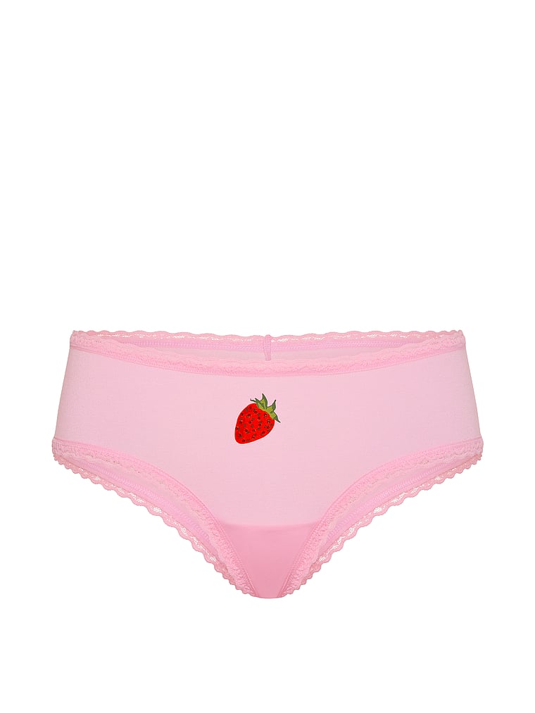 Victoria's Secret, Lace Trim Cotton Pointelle Lace-Waist Cheeky, Cupid Pink Strawberry, offModelFront, 3 of 3