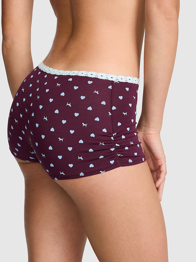 PINK Cotton Dorm Boyshort Panty, Wild Rose Heart Dog with Blue Dancer Lace, onModelBack, 2 of 3 Ruby is 5'6" or 168cm and wears Small