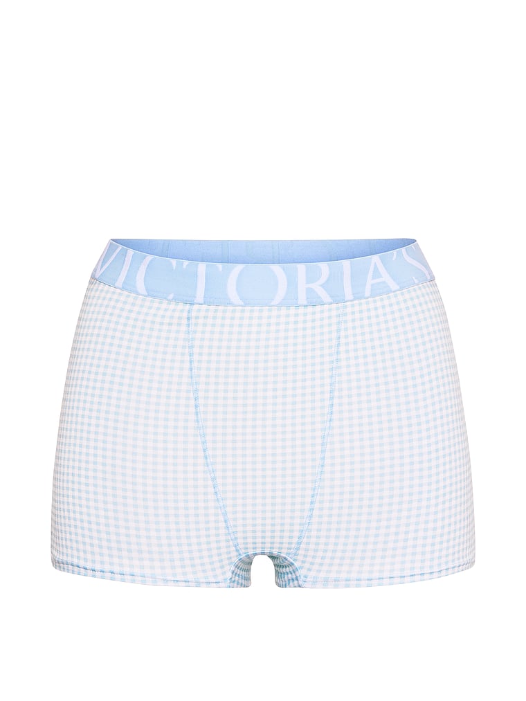 Victoria's Secret, Cotton Logo Cotton High-Waist Boyshort Panty, Linen Blue Gingham, offModelFront, 3 of 3