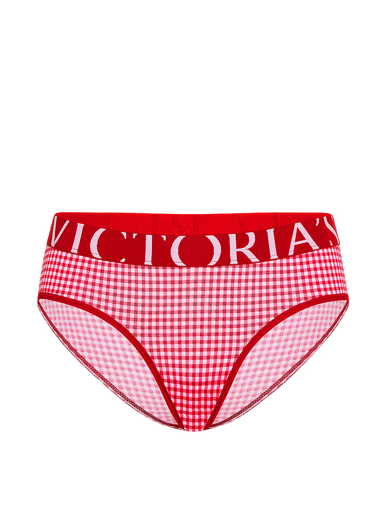 Victoria's Secret, Cotton Logo Cotton Shine Patch Hiphugger Panty, Lipstick Gingham, offModelFront, 3 of 3