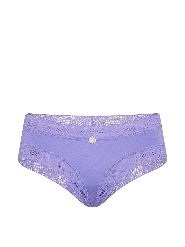 Victoria's Secret, Lace Trim Cotton Pointelle Lace-Waist Cheeky, Periwinkle, offModelFront, 3 of 3