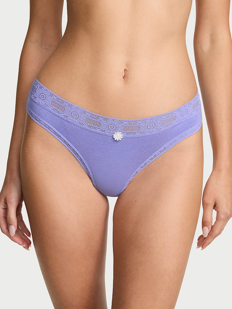 Victoria's Secret, Lace Trim Cotton Lace-Waist Thong, Periwinkle, onModelFront, 1 of 4 Ari is 5'9" and wears Small